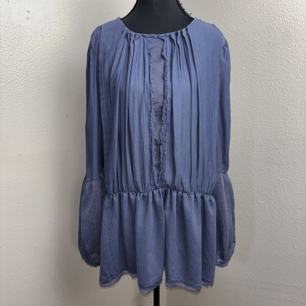 Free People Soul Serene Blouse Women's M Blue Mesh Lace Drop Waist Hippi Boho